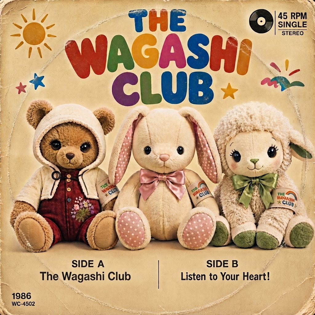 The Wagashi Club 45 RPM single, Side A The Wagashi Club, Side B Listen to Your Heart!, 1986, catalog number WC-4502
