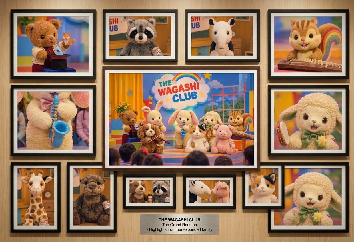 THE WAGASHI CLUB framed photo wall, The Grand Reunion, highlights from the expanded cast